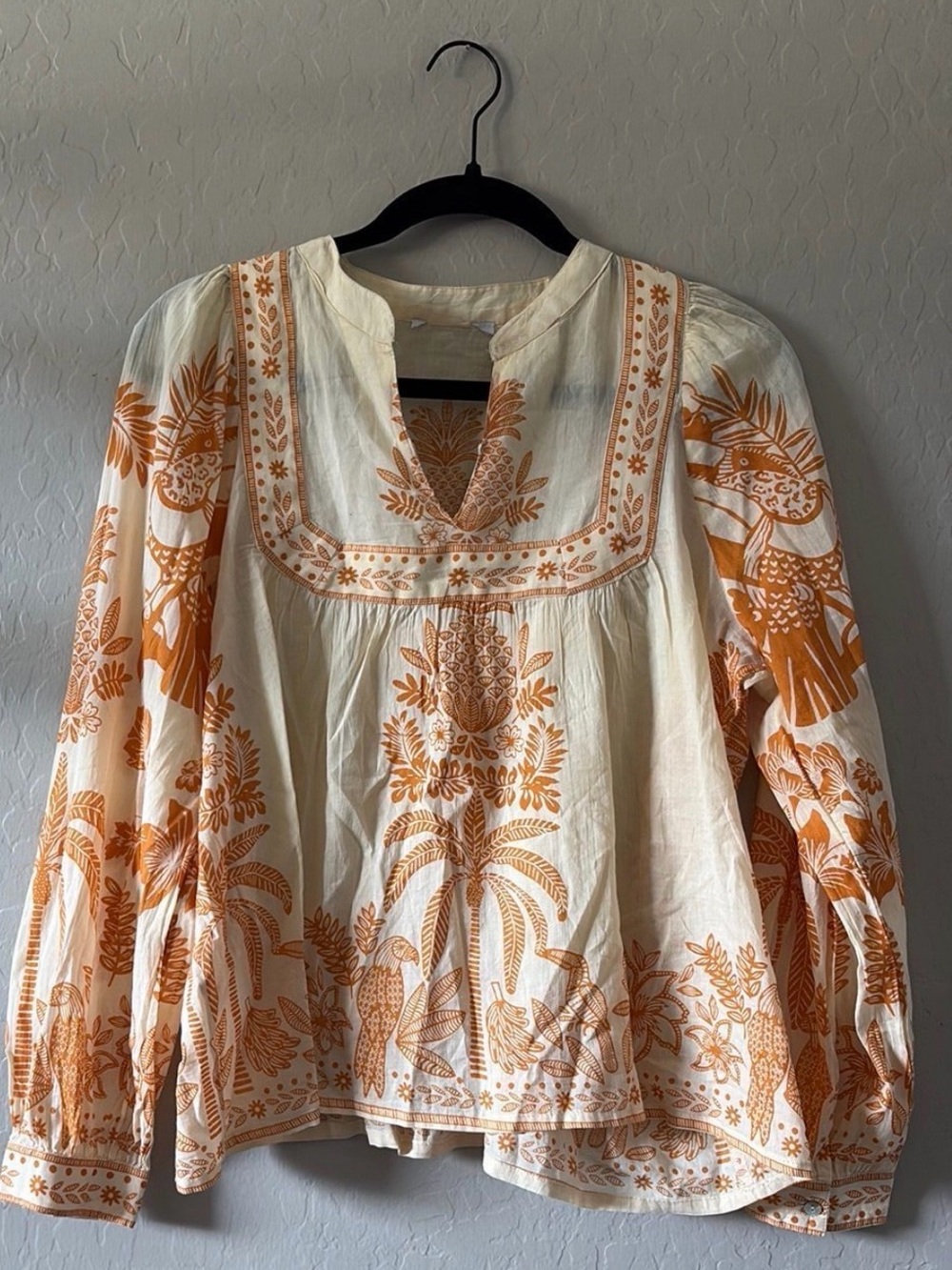 Calypso St. Barth Blouse Top Sz M Yellow Tropical Print Lightweight Boho Cotton